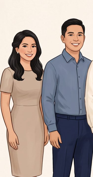 Guests: a lady in a sand beige cocktail dress and a gentleman in a dusty blue long-sleeve shirt