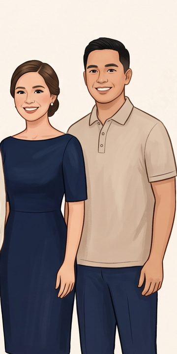 Guests: a lady in a navy cocktail dress and a gentleman in a sand beige polo